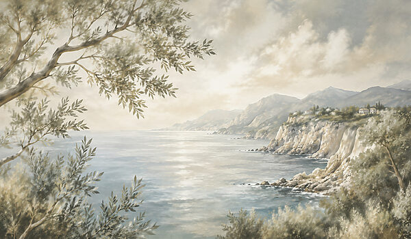 Painting of a body of water and a tree