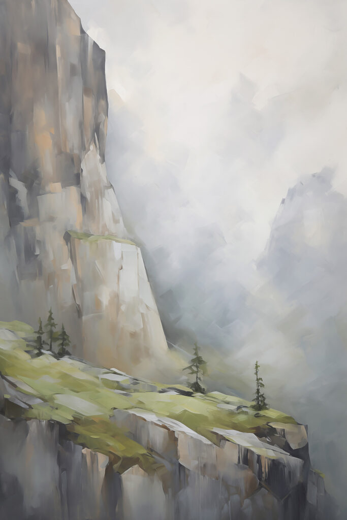 Painting of a mountain with trees