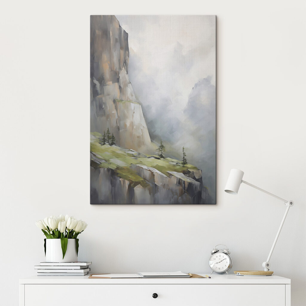 Painting of a mountain with trees