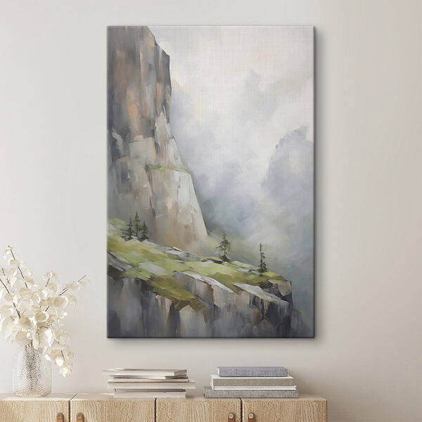 Painting of a mountain with trees