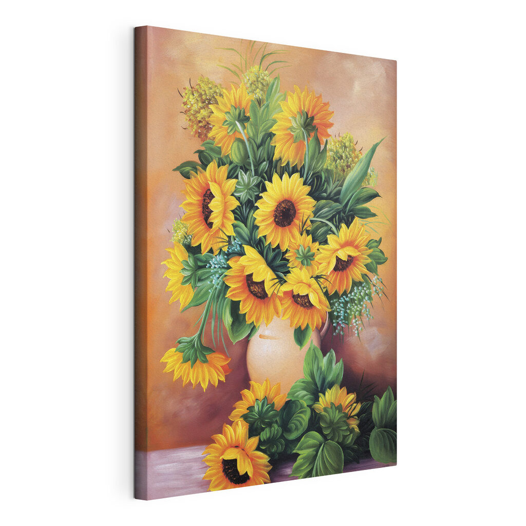 A painting of sunflowers in a vase A painting of sunflowers in a vase