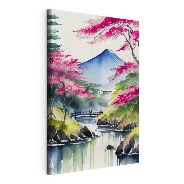 Aquarelle d'une montagne et d'arbres avec des fleurs roses Tableaux Aquarelle d'une montagne et d'arbres avec des fleurs roses