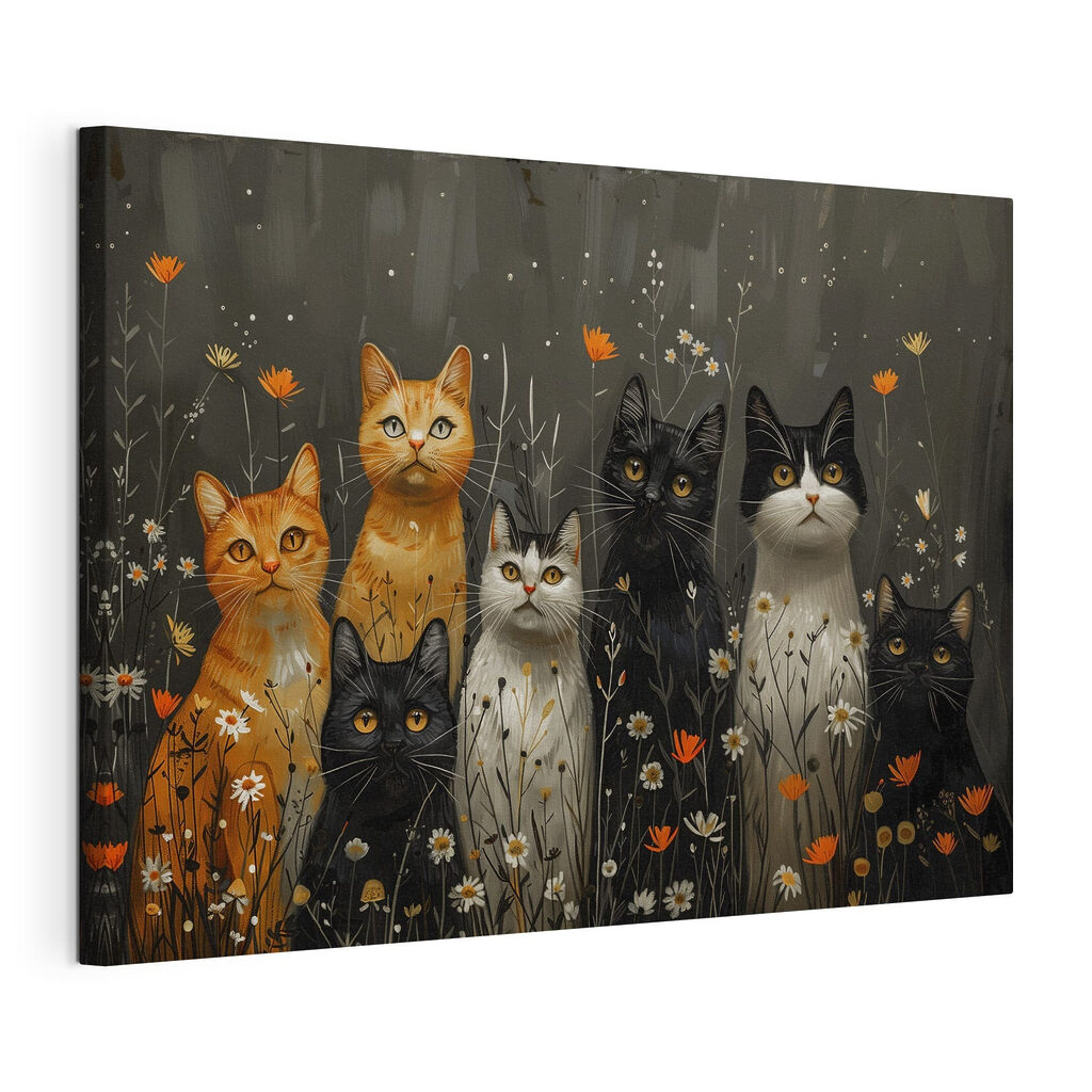 Group of cats in a field of flowers