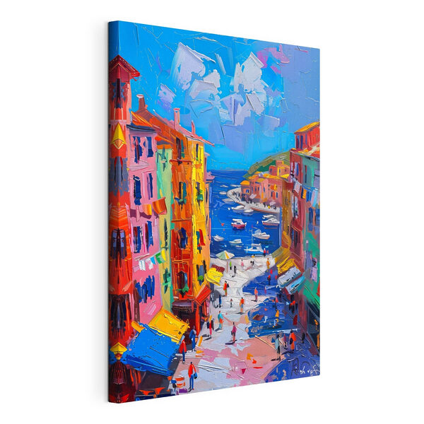 Peinture d'une ville avec des bateaux et des gens Tableaux Peinture d'une ville avec des bateaux et des gens