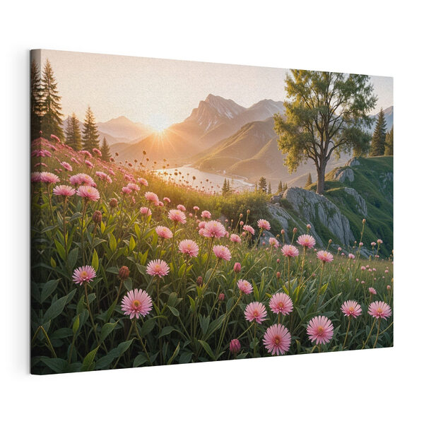 Tableaux Champ de fleurs roses avec un arbre et des montagnes en arrière-plan (UGS : s40154) Tableaux Tableaux Champ de fleurs roses avec un arbre et des montagnes en arrière-plan (UGS : s40154)
