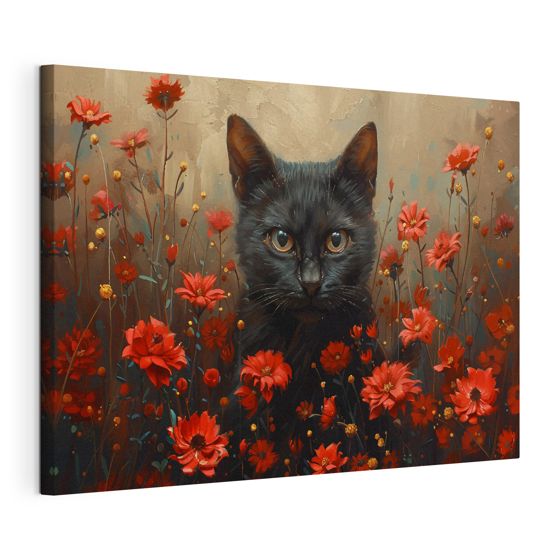 Black cat in a field of red flowers Black cat in a field of red flowers