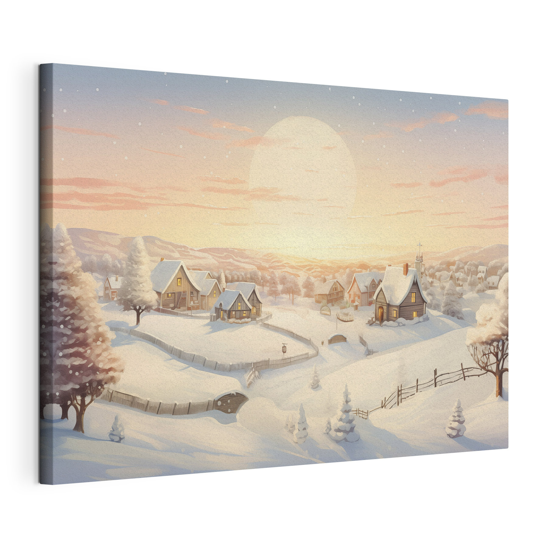 Snow covered village with trees and a fence