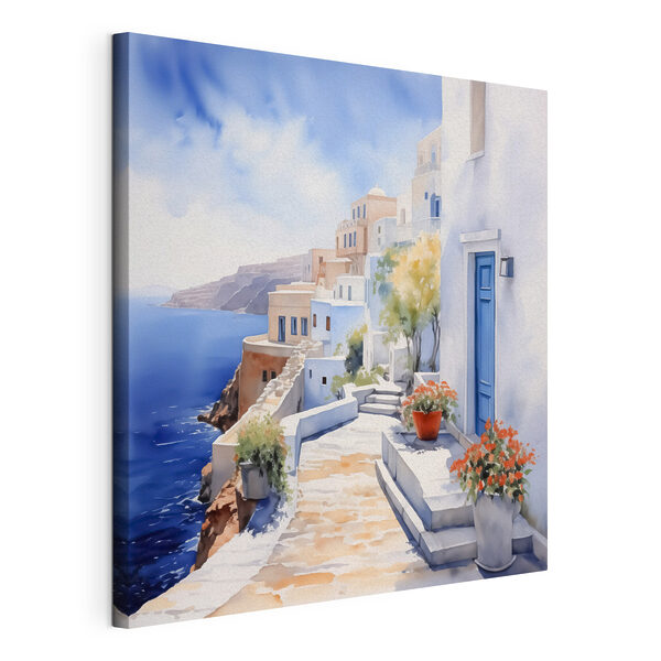 Aquarelle d'un bâtiment blanc avec des portes bleues et des fleurs sur une falaise Tableaux Aquarelle d'un bâtiment blanc avec des portes bleues et des fleurs sur une falaise
