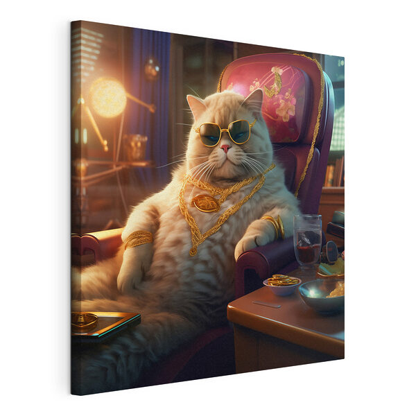 Tableaux Chat portant des lunettes de soleil et un collier, assis sur une chaise