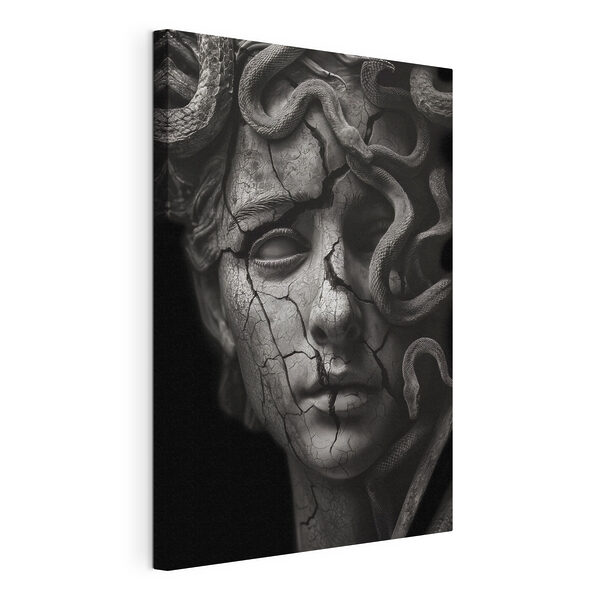 A statue of a woman with a cracked face and snakes around her face A statue of a woman with a cracked face and snakes around her face