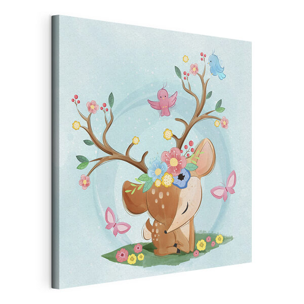 Un cerf de dessin animé avec des fleurs et des oiseaux Tableaux Un cerf de dessin animé avec des fleurs et des oiseaux