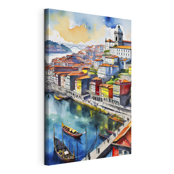Aquarelle d'une ville avec des bateaux et un pont Tableaux Aquarelle d'une ville avec des bateaux et un pont