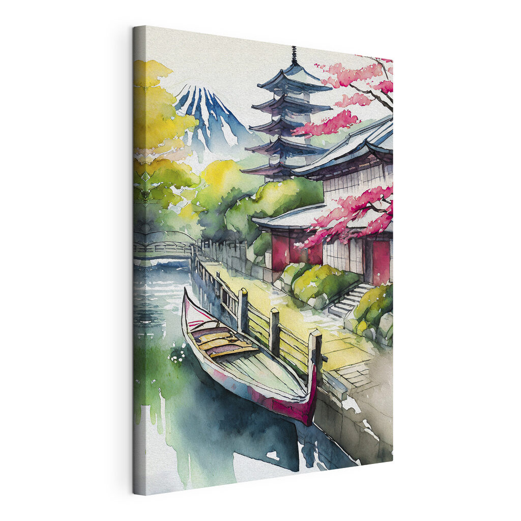 A watercolor painting of a boat on a river A watercolor painting of a boat on a river