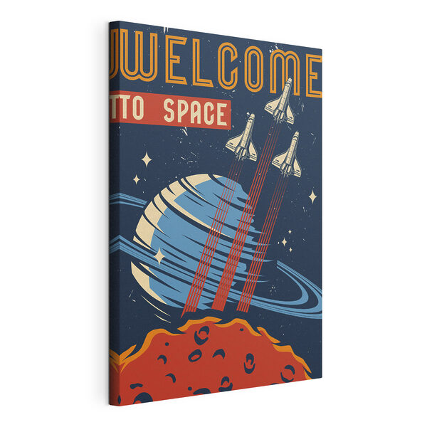 Tableaux Une affiche avec des navettes spatiales volant dans le ciel
