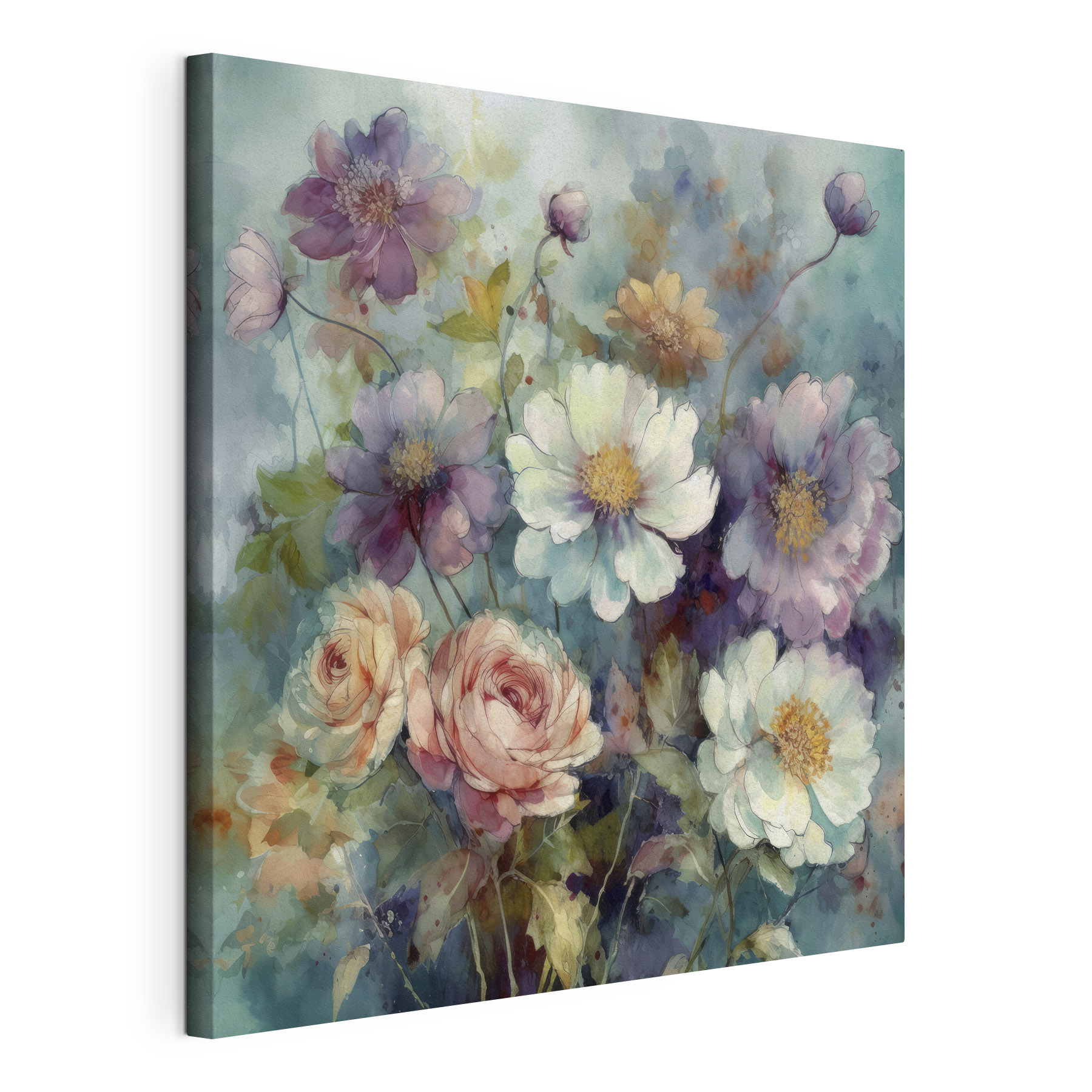 A painting of flowers on a blue background