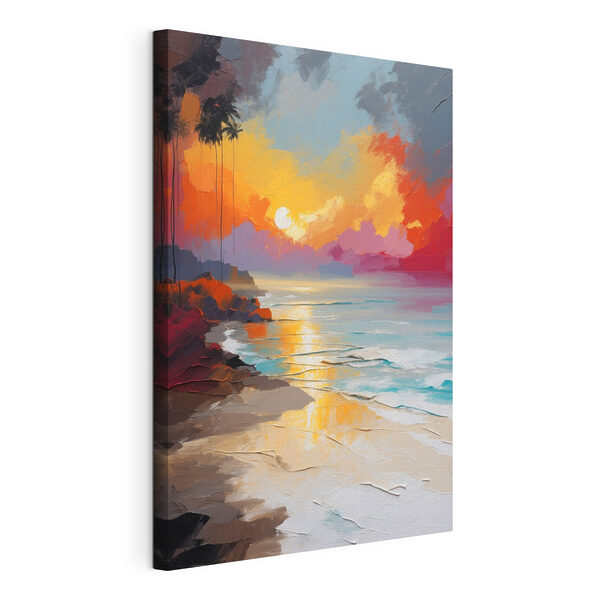 Peinture d'une plage avec des palmiers et un coucher de soleil Tableaux Peinture d'une plage avec des palmiers et un coucher de soleil