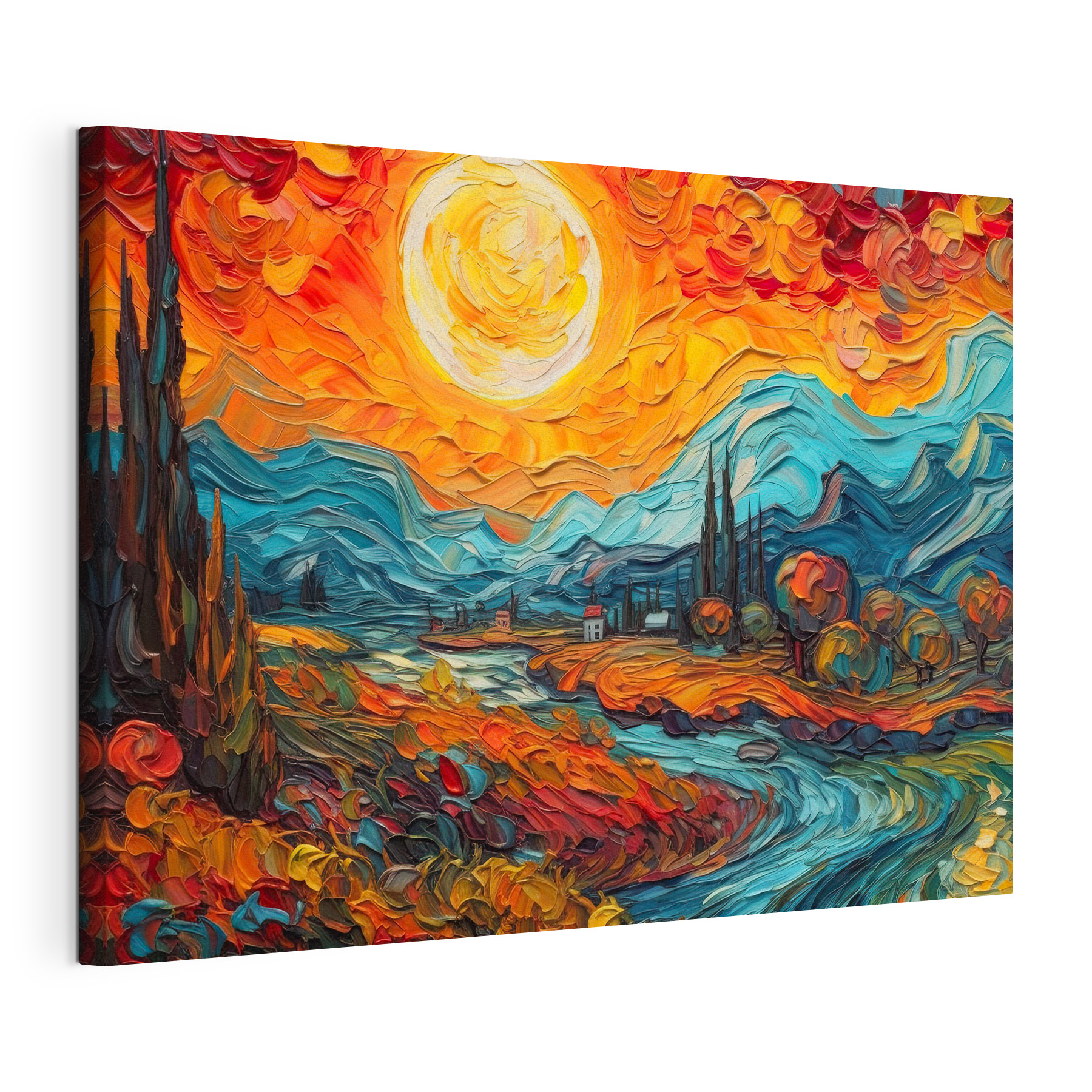 A painting of a landscape with a river and mountains