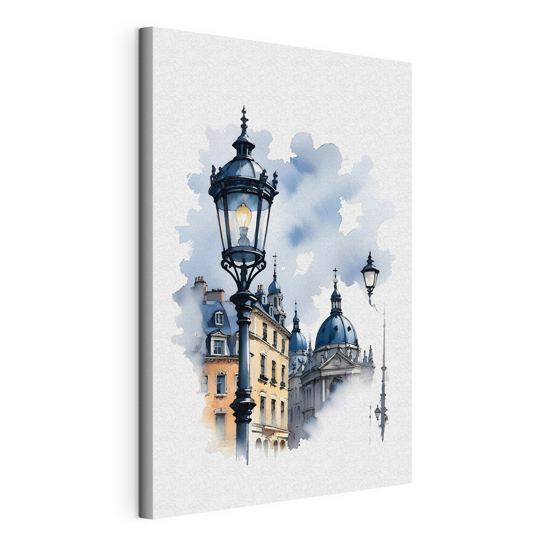 A street lamp with blue domes and buildings in the background A street lamp with blue domes and buildings in the background