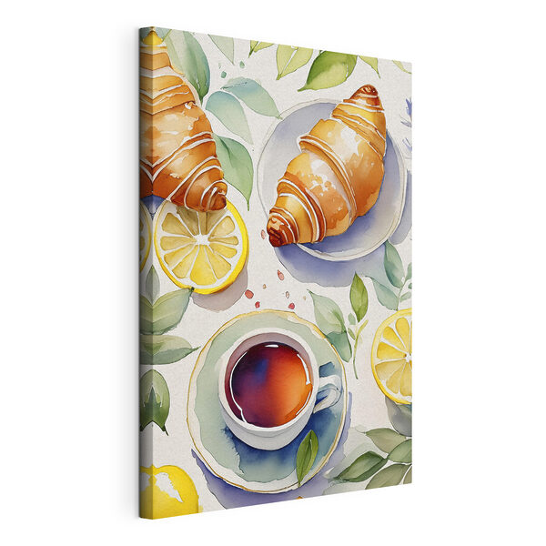 Aquarelle d'un croissant et d'une tasse de thé Tableaux Aquarelle d'un croissant et d'une tasse de thé