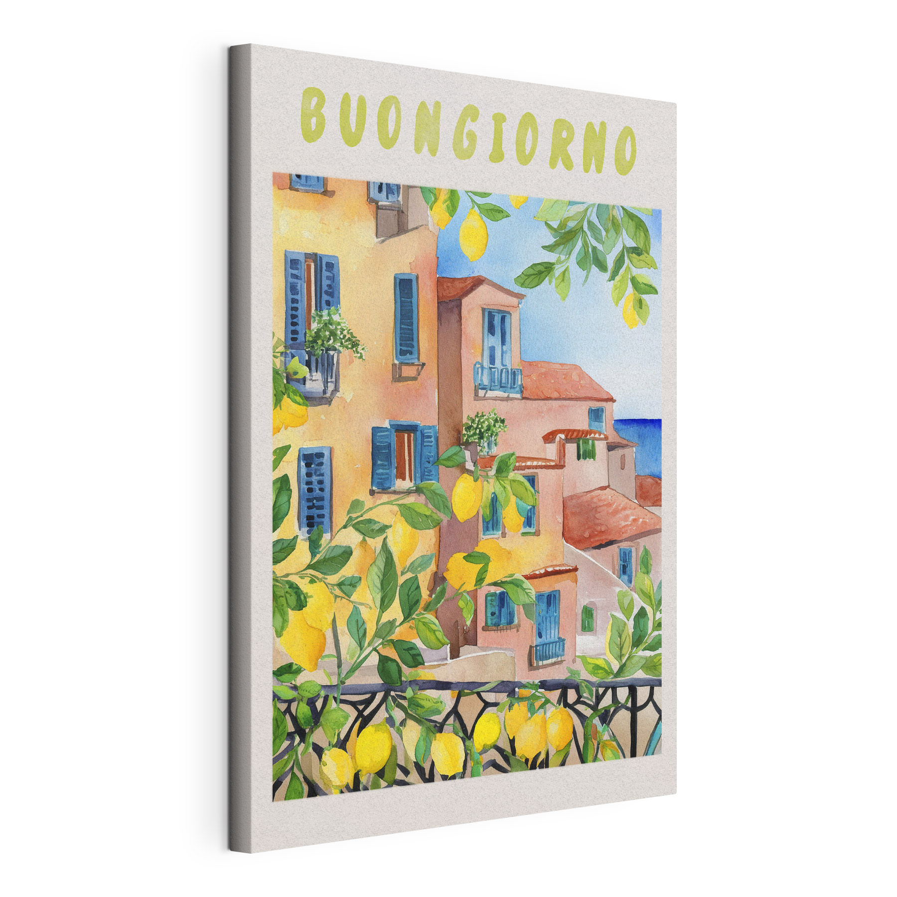 Watercolor painting of buildings and lemons on a sunny day Watercolor painting of buildings and lemons on a sunny day