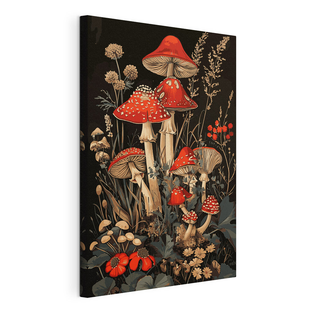 A painting of mushrooms and plants A painting of mushrooms and plants
