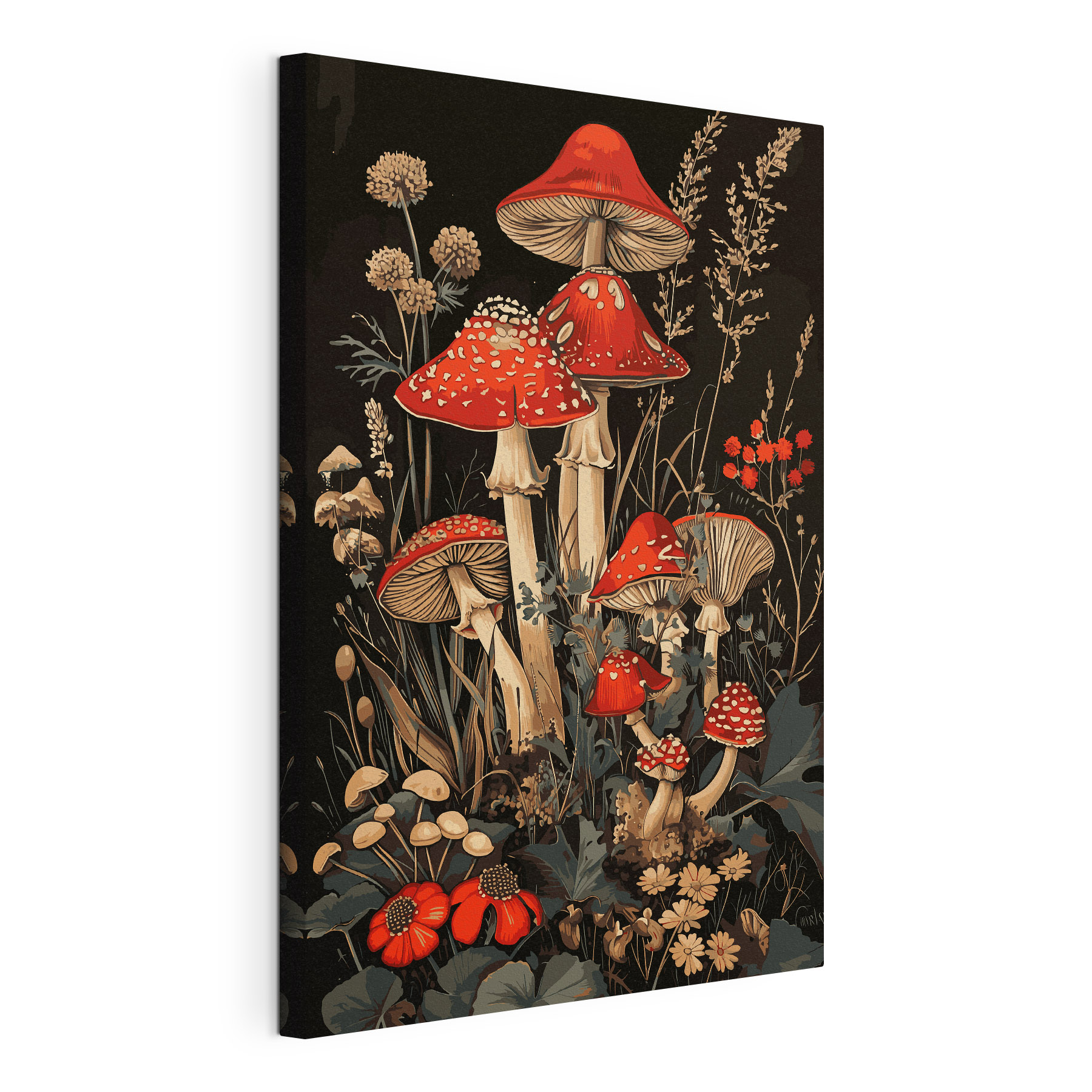 A painting of mushrooms and plants A painting of mushrooms and plants
