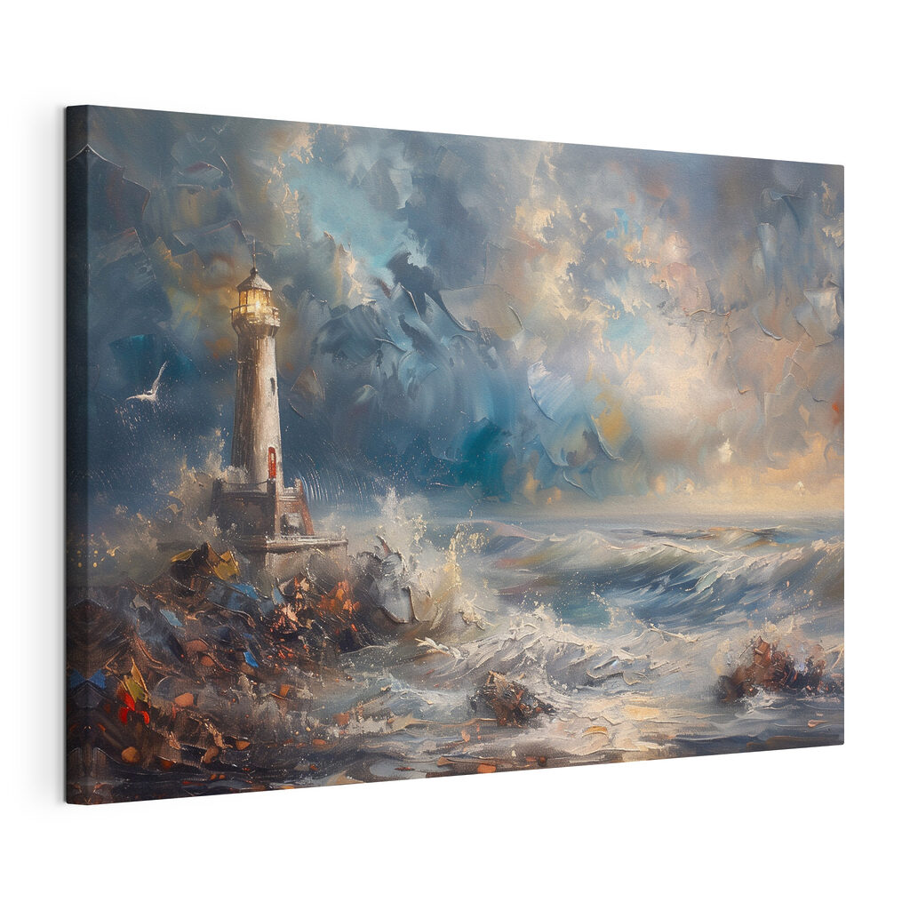 A painting of a lighthouse in the ocean A painting of a lighthouse in the ocean