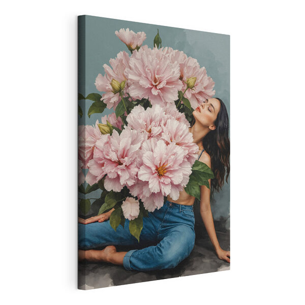 Une femme assise sur le sol avec un grand bouquet de fleurs Tableaux Une femme assise sur le sol avec un grand bouquet de fleurs