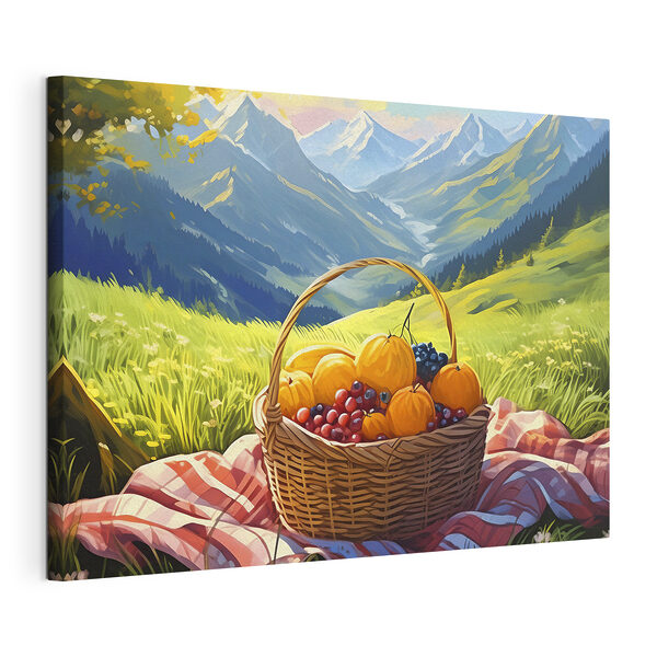 Une corbeille de fruits sur une couverture dans un champ herbeux Tableaux Une corbeille de fruits sur une couverture dans un champ herbeux