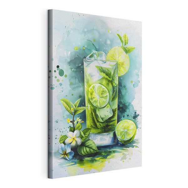 Tableaux Aquarelle d'une boisson avec des citrons verts et des feuilles