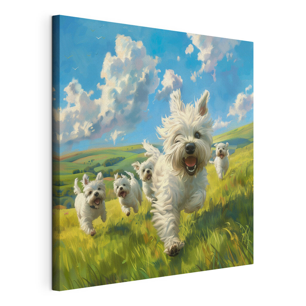 Group of white dogs running in a field