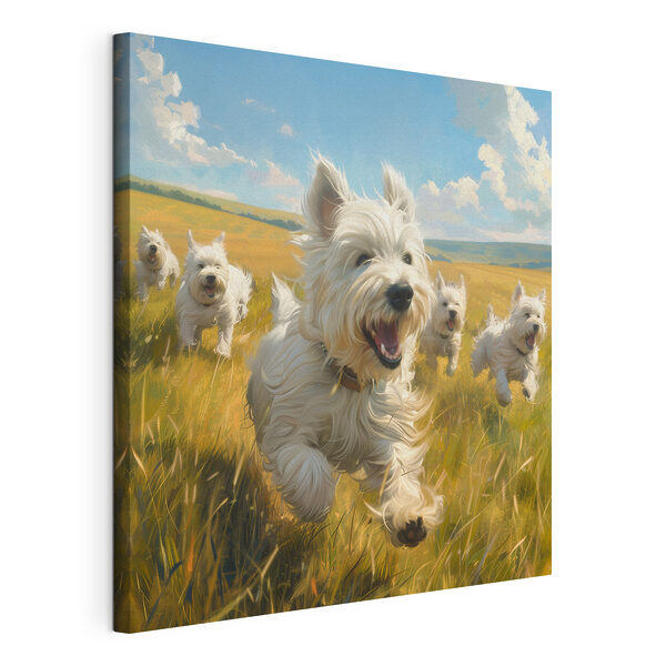 Tableaux Groupe de chiens blancs courant dans un champ (UGS : s40358) Tableaux Tableaux Groupe de chiens blancs courant dans un champ (UGS : s40358)