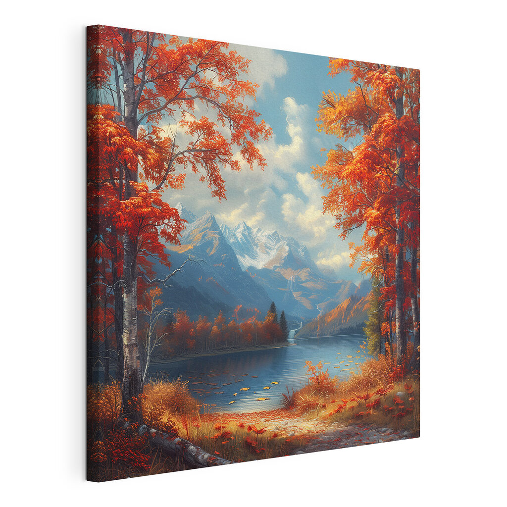 Lake with orange leaves and mountains in the background Lake with orange leaves and mountains in the background