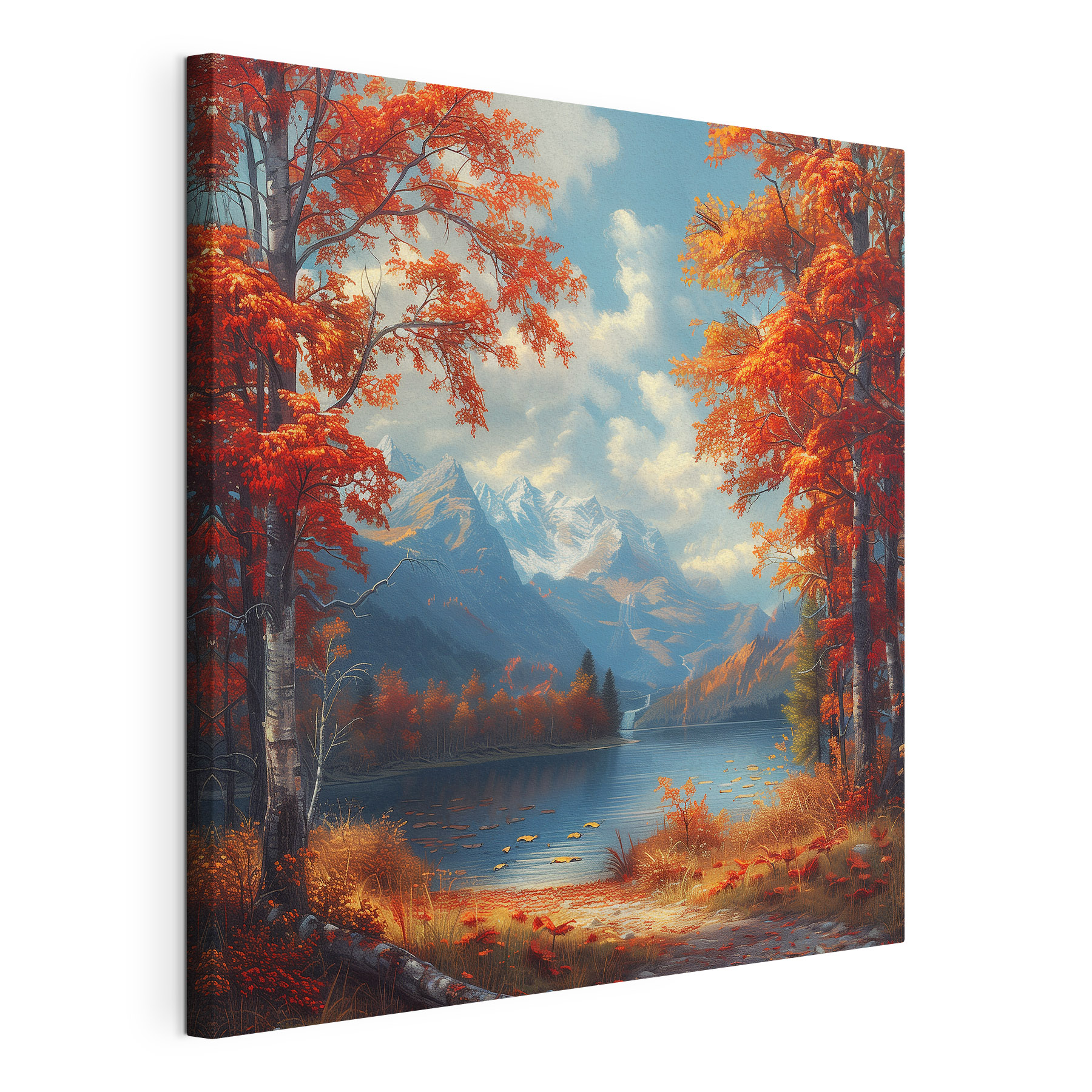 Lake with orange leaves and mountains in the background Lake with orange leaves and mountains in the background