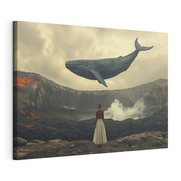 Femme regardant une baleine volant au-dessus d'un volcan Tableaux Femme regardant une baleine volant au-dessus d'un volcan