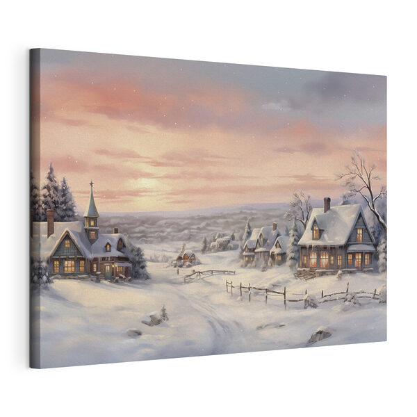 Village enneigé avec des maisons et une clôture Tableaux Village enneigé avec des maisons et une clôture