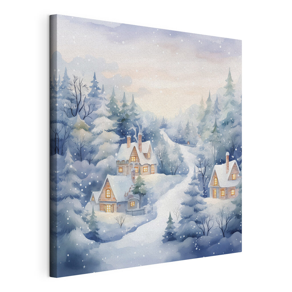 Painting of houses in a snowy forest Painting of houses in a snowy forest