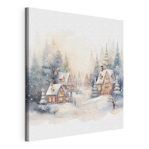 Watercolor painting of houses in a snowy forest