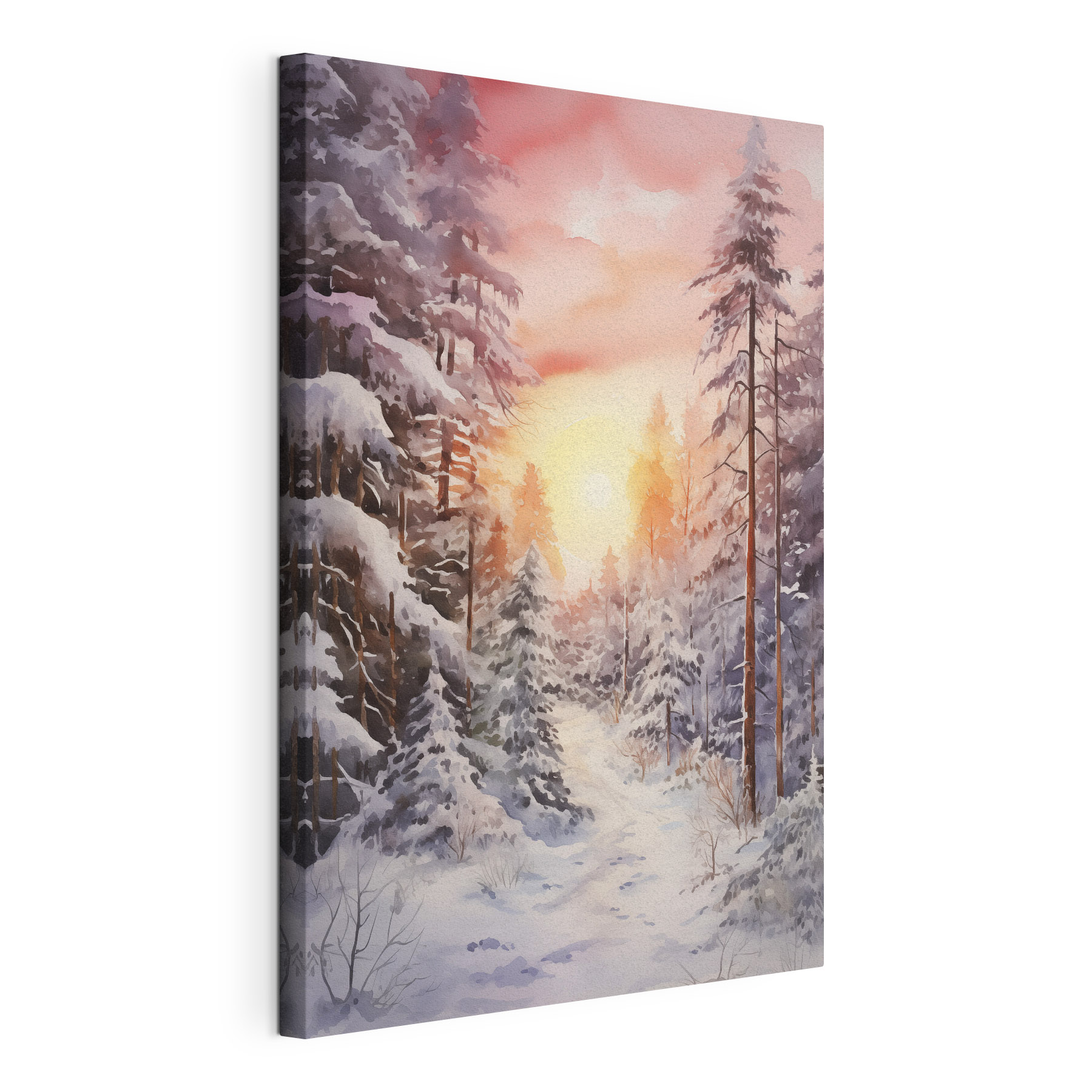 Watercolor painting of a snowy forest