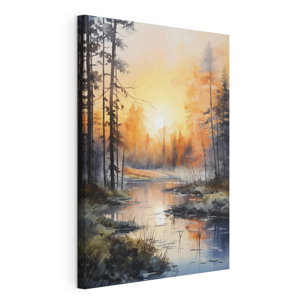 Watercolor painting of a river with trees and plants Watercolor painting of a river with trees and plants
