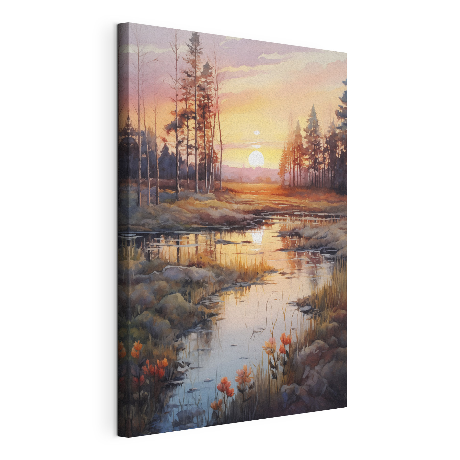 Watercolor painting of a river with trees and a sunset