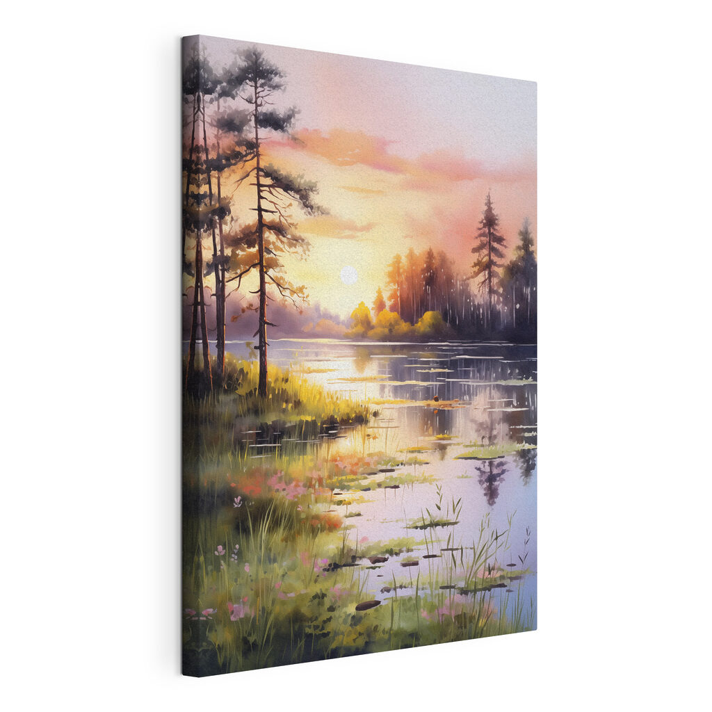 Watercolor painting of a lake with trees and grass Watercolor painting of a lake with trees and grass