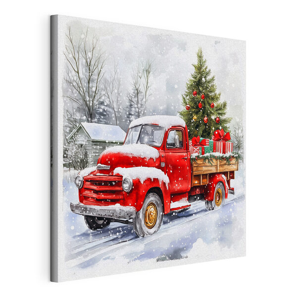 Camion rouge avec un sapin de Noël à l'arrière Tableaux Camion rouge avec un sapin de Noël à l'arrière
