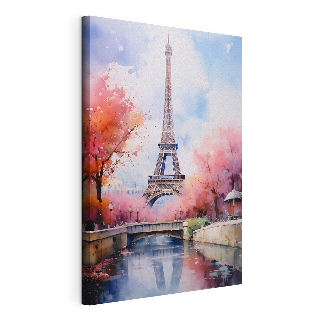 Watercolor painting of a tower with pink flowers and a bridge Watercolor painting of a tower with pink flowers and a bridge