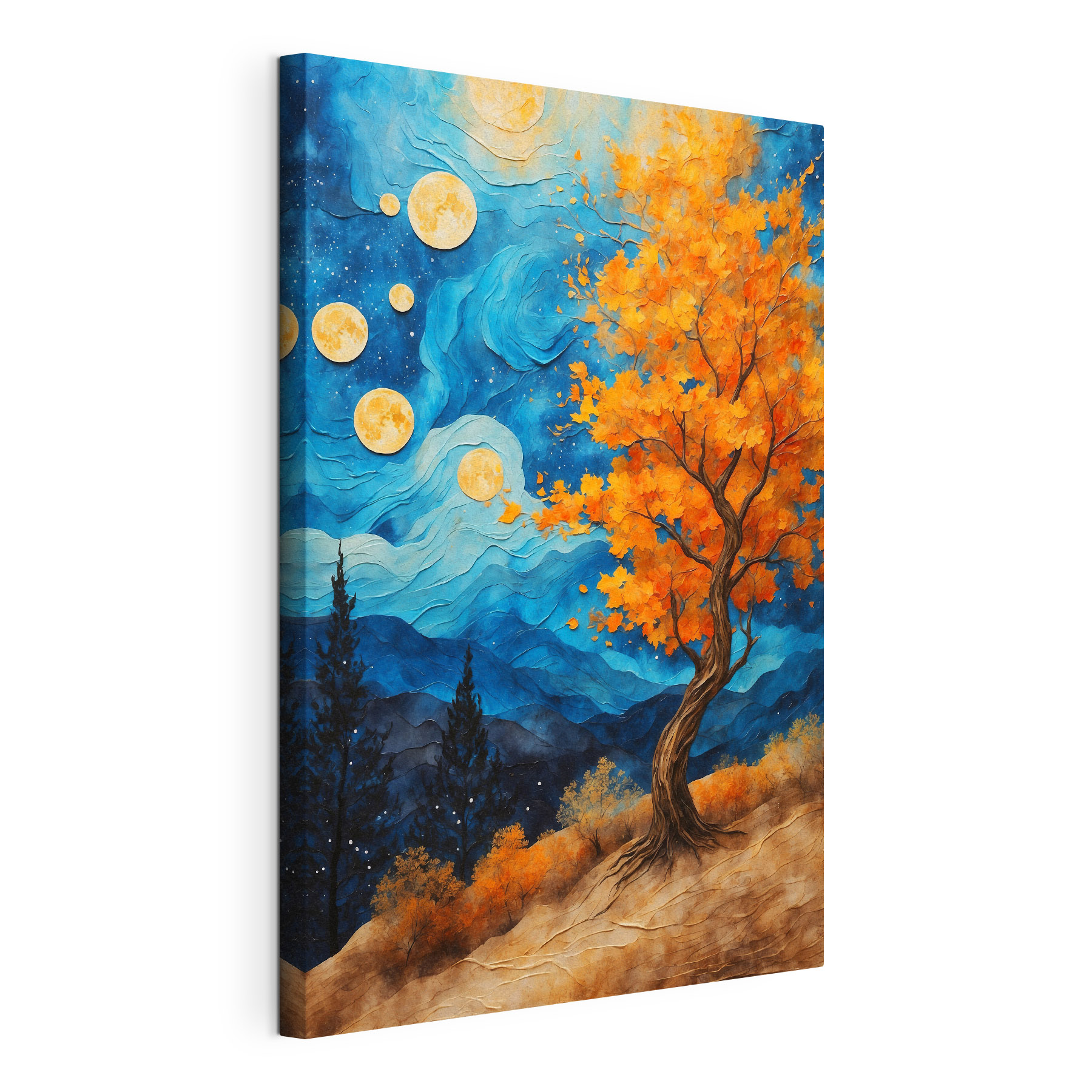 Painting of a tree with orange leaves and blue mountains Painting of a tree with orange leaves and blue mountains