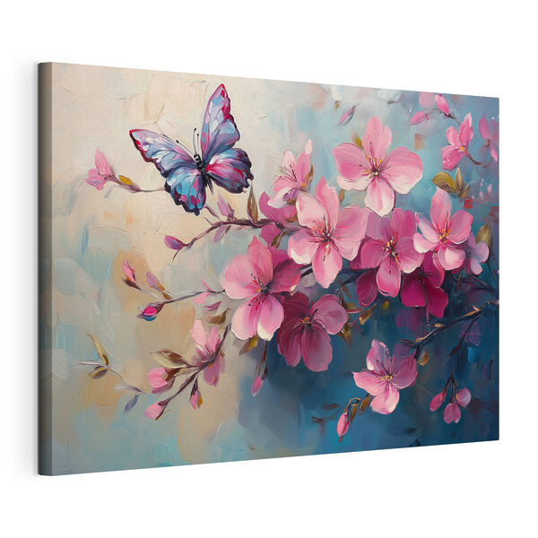 Papillon sur une branche de fleurs roses Tableaux Papillon sur une branche de fleurs roses