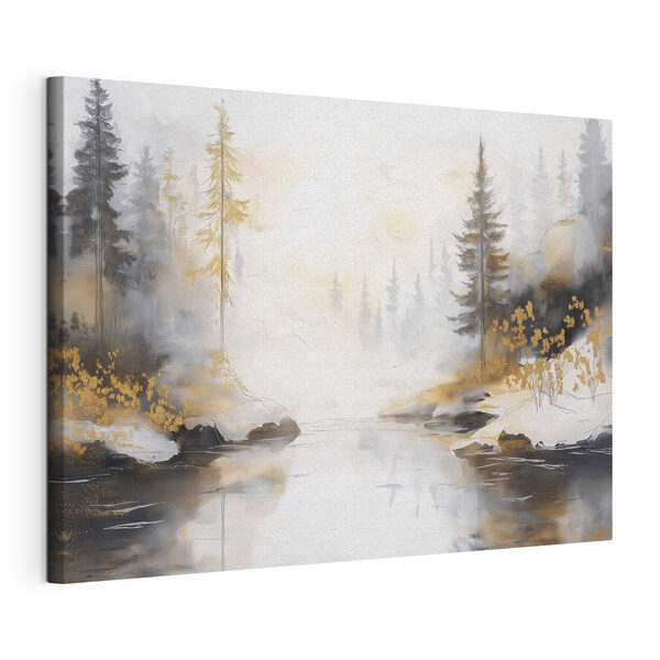 Aquarelle d'une rivière avec des arbres et du brouillard Tableaux Aquarelle d'une rivière avec des arbres et du brouillard
