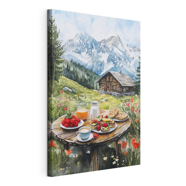 Table avec de la nourriture et des boissons devant une montagne Tableaux Table avec de la nourriture et des boissons devant une montagne