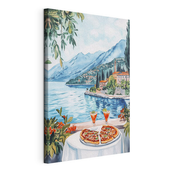 Watercolor painting of a table with food and a lake in the background Watercolor painting of a table with food and a lake in the background