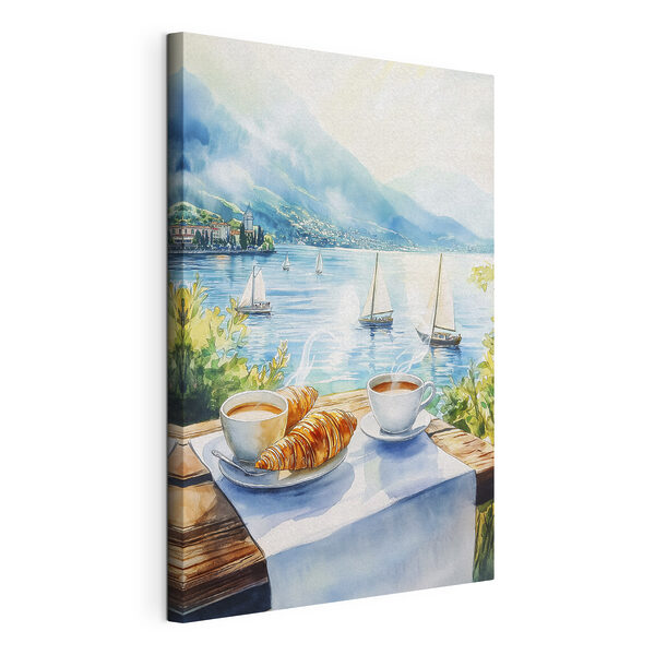 Peinture à l'aquarelle d'une table sur laquelle sont posés du café et des croissants Tableaux Peinture à l'aquarelle d'une table sur laquelle sont posés du café et des croissants